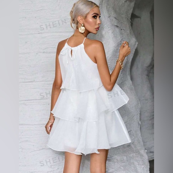 Privé Layered Halter Neck Ruffle Women’s White Dress - Picture 2 of 6